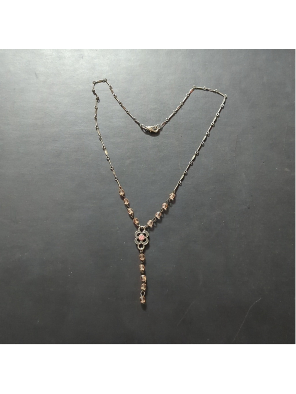 Sterling Silver Pink Rhinestone Floral Drop Y Shape Dangle Statement Necklace